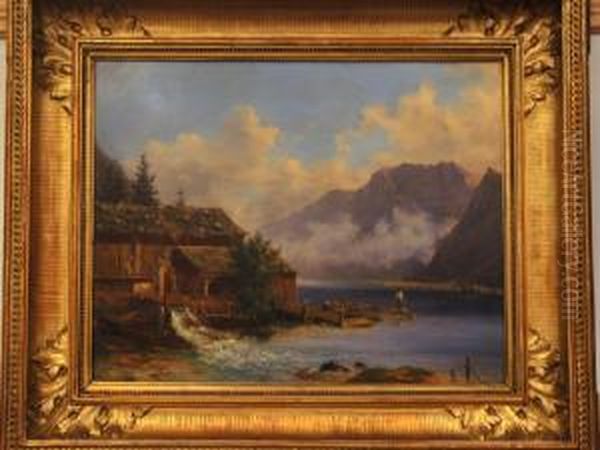 Austrian Lake Scene With Fisherman Oil Painting by Edmund Mahlknecht