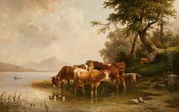 Kleine Kuhherde Am See Oil Painting by Edmund Mahlknecht