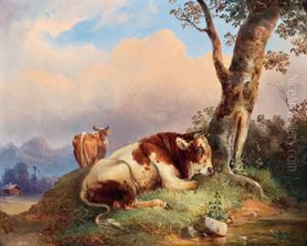 Kuhe Auf Der Weide Oil Painting by Edmund Mahlknecht