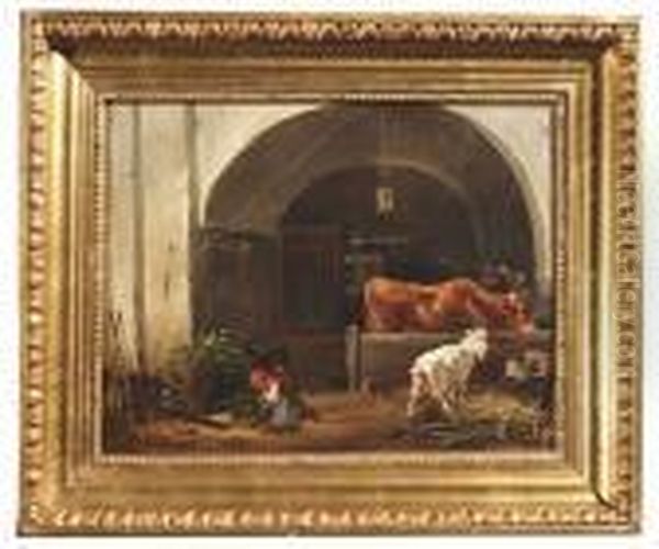 Stable Interior With A Kneeling Maidservant Oil Painting by Edmund Mahlknecht