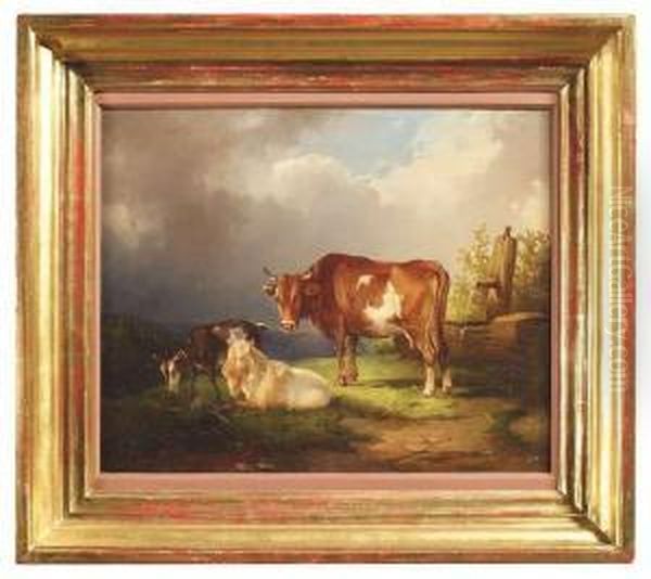 Rural Landscape With Animals At A Font Oil Painting by Edmund Mahlknecht