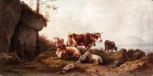 Cattle Grazing Oil Painting by Edmund Mahlknecht