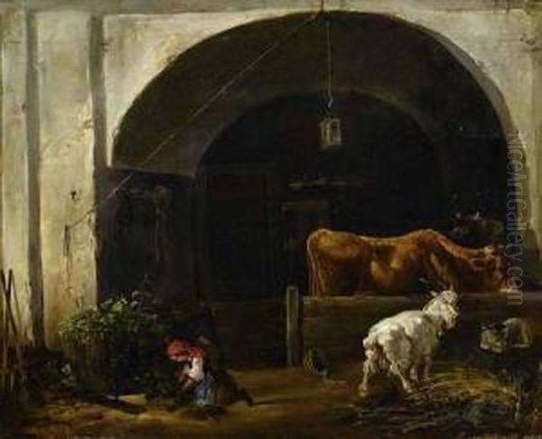 Stallinterieur Mit Magd. Oil Painting by Edmund Mahlknecht