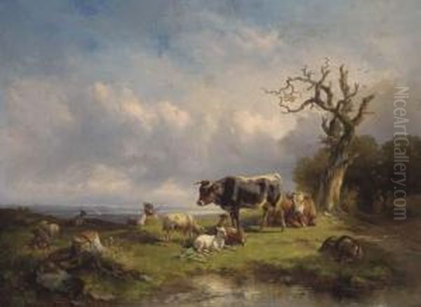 A Herdsman With Cattle And Sheep In A Landscape Oil Painting by Edmund Mahlknecht