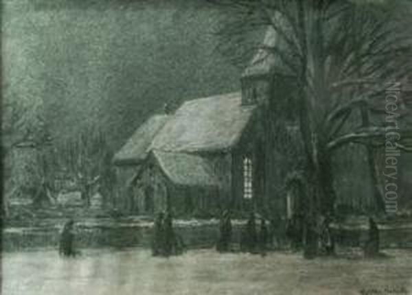 La Sortie D'eglise En Hiver,fusain, Signe En Bas A Droite Oil Painting by Wartan Mahokian