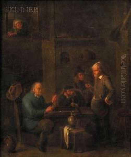 Tavern Interior With Backgammon Players Oil Painting by Cornelis Mahu