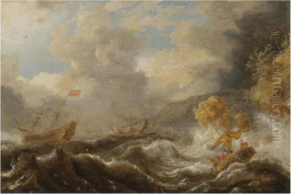 Shipping In A Tempestuous Sea Oil Painting by Cornelis Mahu