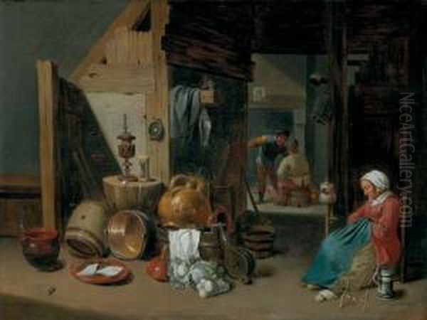 A Kitchen Interior Oil Painting by Cornelis Mahu