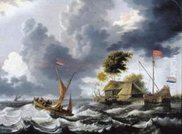 Schepen In Een Riviermonding Oil Painting by Cornelis Mahu