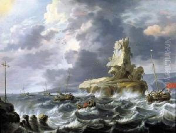 Vissersboten Bij Rotskunst Oil Painting by Cornelis Mahu