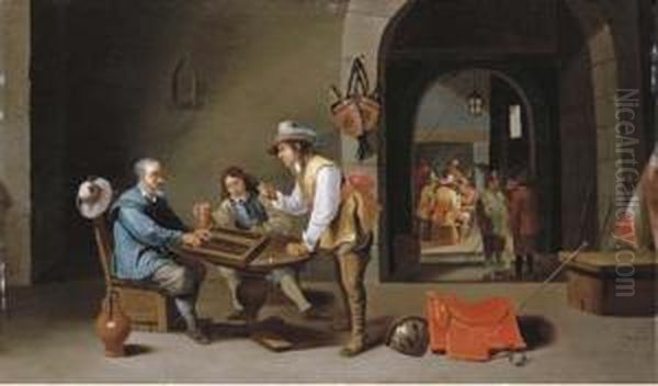 Officers And Peasants Playing Backgammon And Other Games In A Guardroom Oil Painting by Cornelis Mahu