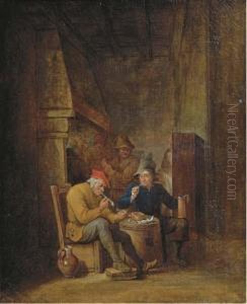 Peasants Smoking And Drinking In An Interior Oil Painting by Cornelis Mahu