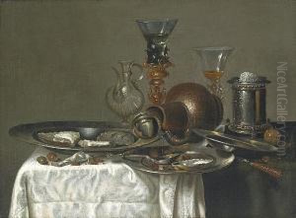 Oysters And Hazelnuts On Pewter 
Plates With A Stoneware Jug, A Silver Brazier And Glasses On A Table 
Draped With A White Cloth Oil Painting by Cornelis Mahu