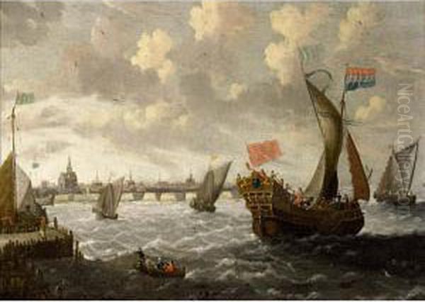 A States Yacht, A Kaag And Other Ships In A Stiff Breeze, A Town Beyond Oil Painting by Cornelis Mahu