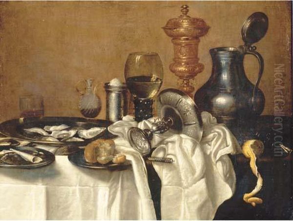 Oysters, A Bun And Smoking 
Utensils On Pewter Plates, With Anupturned Silver Tazza, A Knife, A 
Partly-peeled Lemon, An Upturnedberkemeier, A Silver Salt And A Giant 
Roemer On A Partly-drapedtable Oil Painting by Cornelis Mahu