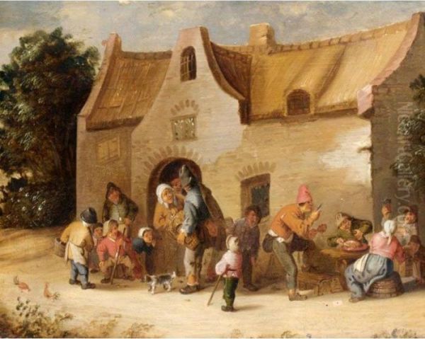 Peasants Eating, Drinking And Conversing In Front Of A Cottage Oil Painting by Cornelis Mahu