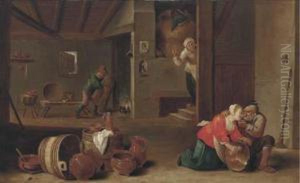 A Kitchen Interior With Peasants Oil Painting by Cornelis Mahu