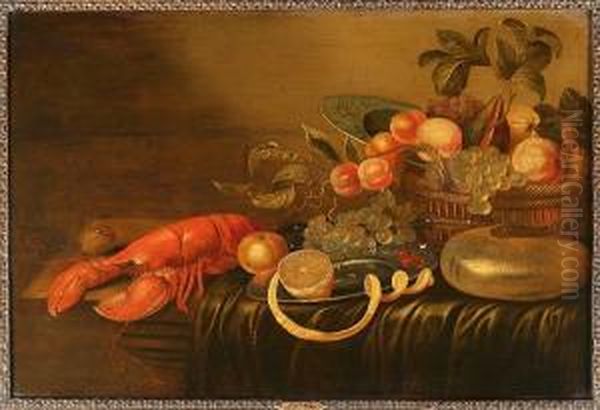 A Lobster, A Walnut, An Orange, A
 Peeled Lemon On A Pewter Plate, Cherries, White Grapes With A Basket Of
 Fruit, A Porcelain Dish And A Nautilus Shell On A Partially Draped 
Table Oil Painting by Cornelis Mahu