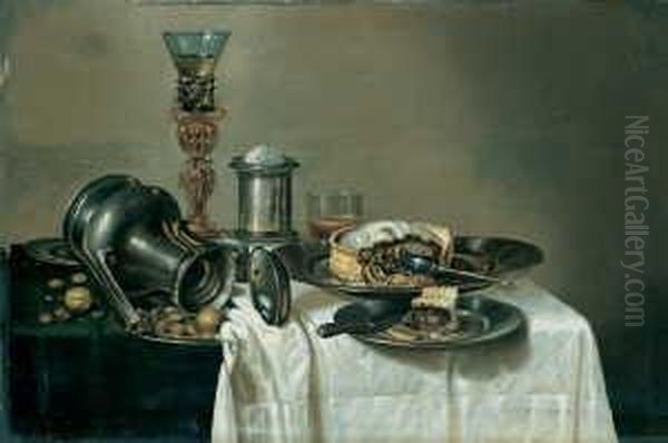 Banketje. Auf Einem Tisch Ein 
Teller Mit Einer Pastete Und Nussen, Ein Salzfas, Eine Umgelegte Kanne, 
Ein Romer Und Ein Bierglas. Oil Painting by Cornelis Mahu