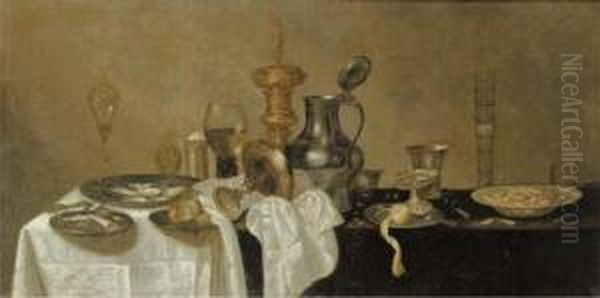 An Upturned Tazza, A Roemer, A 
Facon-de-venise Glass, Oysters, A Bun, A Lemon, A Knife And A Tazza On 
Pewter Plates, With A Porcelain Bowl On A Partly-draped Ledge Oil Painting by Cornelis Mahu