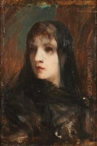 Jeune Femme Au Voile Noir Oil Painting by Albert Pierre Rene Maignan