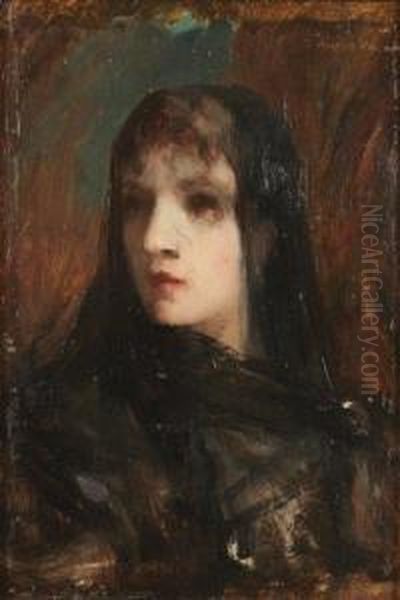 Jeune Femme Au Voile Noir Oil Painting by Albert Pierre Rene Maignan