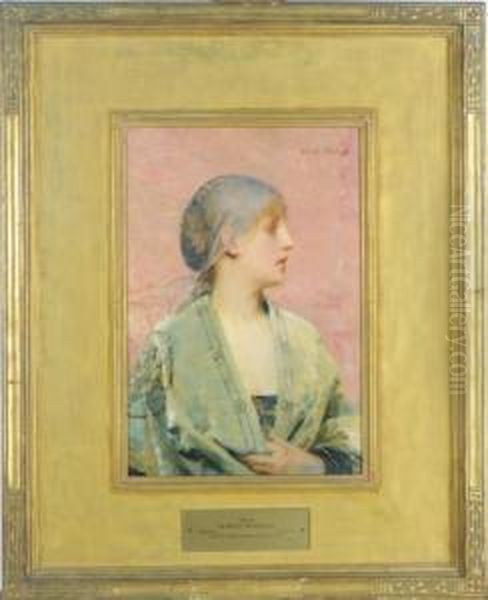 A Girl Wearing A Green Shawl Oil Painting by Albert Pierre Rene Maignan