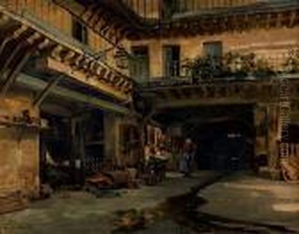 Vue D'une Cour Animee Oil Painting by Albert Pierre Rene Maignan