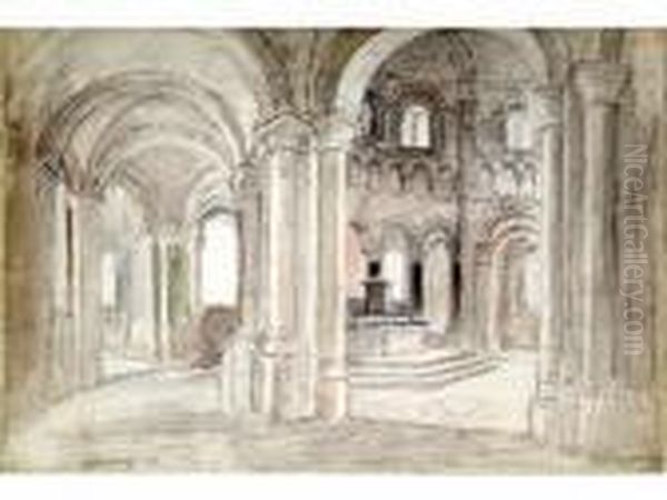 Vue Interieure De L Abbaye De St
 Benoit. Crayon, Aquarelle Et Fusain Sur Papier. Signe En Bas A Gauche. 
31.70 X 46 Cm Oil Painting by Diogene Ulysse N. Maillart