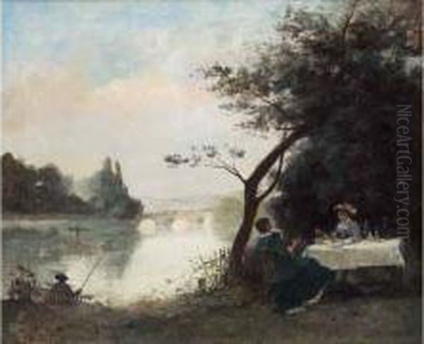 < Guinguette Au Bord De L'eau >. Oil Painting by Gustave Maincent