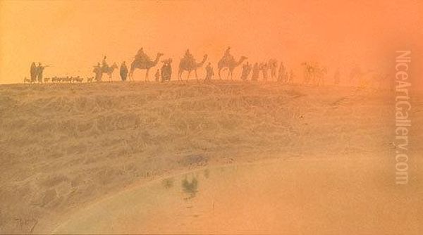 Carovana Al Tramonto Nel Deserto Oil Painting by Raffaele Mainella