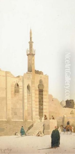 Figures By A Mosque Oil Painting by Raffaele Mainella