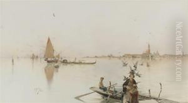 Venice: Feeding The Pigeons, The San Marco Tower In The Distance Oil Painting by Raffaele Mainella