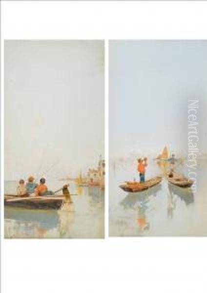 Venetian Lagoon With Three Small Boys In A Boat Fishing In The Foreground Oil Painting by Raffaele Mainella