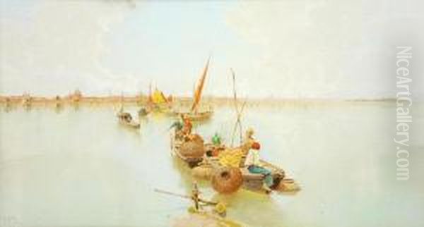 Pescatori In Laguna Oil Painting by Raffaele Mainella