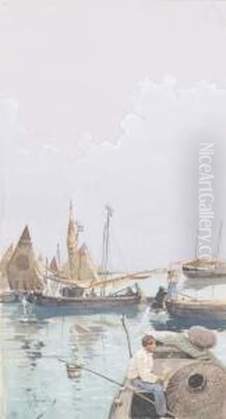 Venezia, Barche E Pescatori Oil Painting by Raffaele Mainella