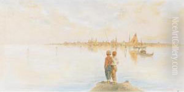 Giovani Pescatori In Laguna Oil Painting by Raffaele Mainella