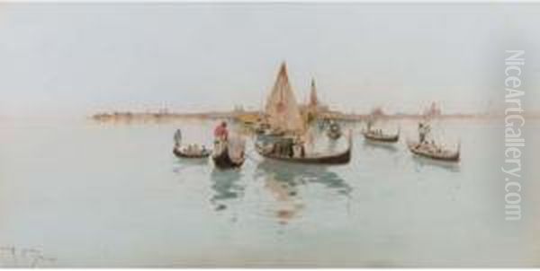 Gondolas And Fishing Craft On The Lagoon, Venice Oil Painting by Raffaele Mainella