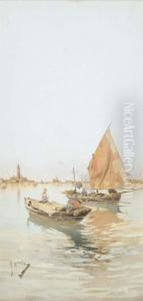 A Gondola On The Lagoon; Boats Sailing In The Lagoon Oil Painting by Raffaele Mainella