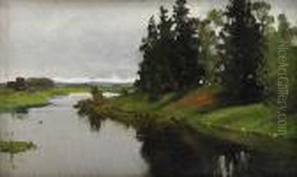 River Landscape Oil Painting by Aleksander Vladimirovich Makovskii