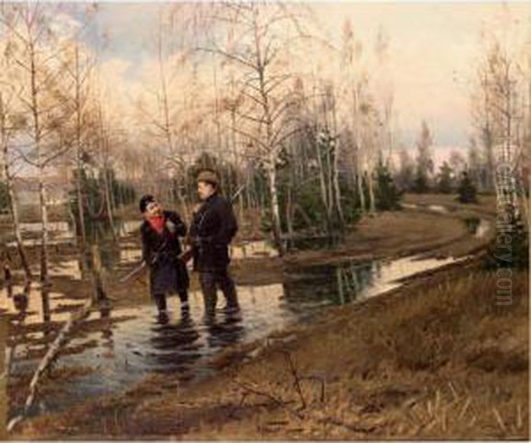 Hunters In A Forest Landscape Oil Painting by Aleksander Vladimirovich Makovskii