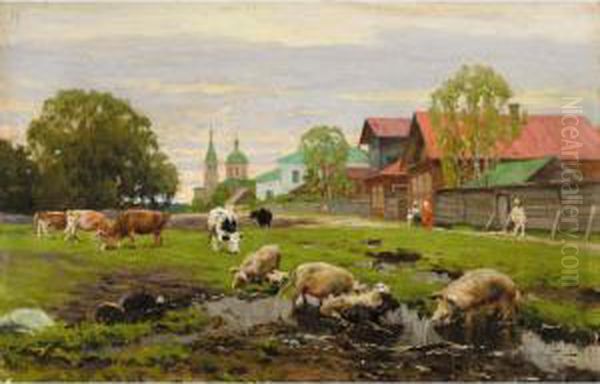 Provincial Russian Village Oil Painting by Aleksander Vladimirovich Makovskii