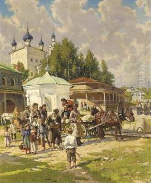 Village Scene Oil Painting by Aleksander Vladimirovich Makovskii