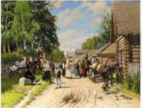 Russian Provincial Village Oil Painting by Aleksander Vladimirovich Makovskii