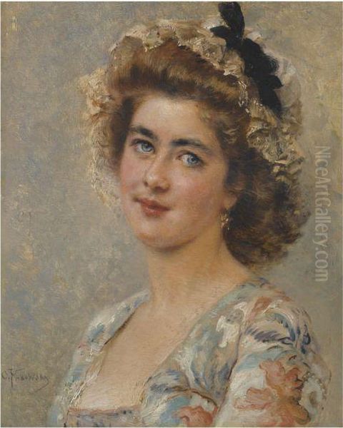 Portrait Of A Girl Wearing A Cap Oil Painting by Konstantin Egorovich Makovsky