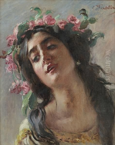 Woman With A Rose Garland; Study For Oil Painting by Konstantin Egorovich Makovsky