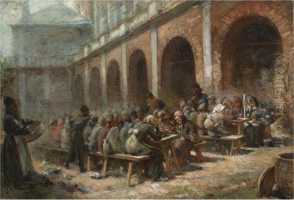 Pilgrims' Refectory At The Sergeev Trinity Monastery Oil Painting by Konstantin Egorovich Makovsky