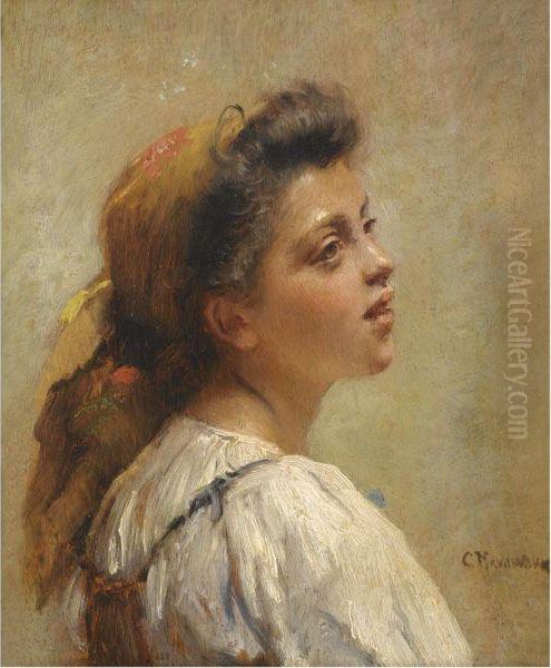 Portrait Of A Young Girl With A Red Scarf Oil Painting by Konstantin Egorovich Makovsky