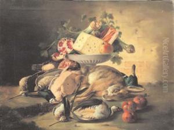 Natura Morta Di Frutta, Verdura E Selvaggina Oil Painting by Francesco Malacrea