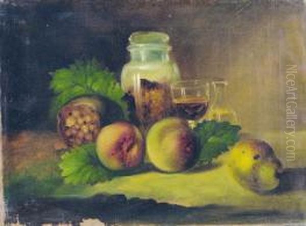 Natura Morta Con Pesche E Bicchiere Oil Painting by Francesco Malacrea